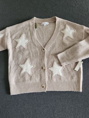 Threaded Leaf Women's Star Motif V-Neck Cardigan Beige Size Small Oversized NEW